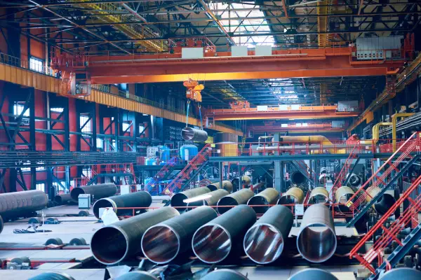 Industrial Plants - Heavy industry pipe rolling factory with manufactured tubes in a plant warehouse
